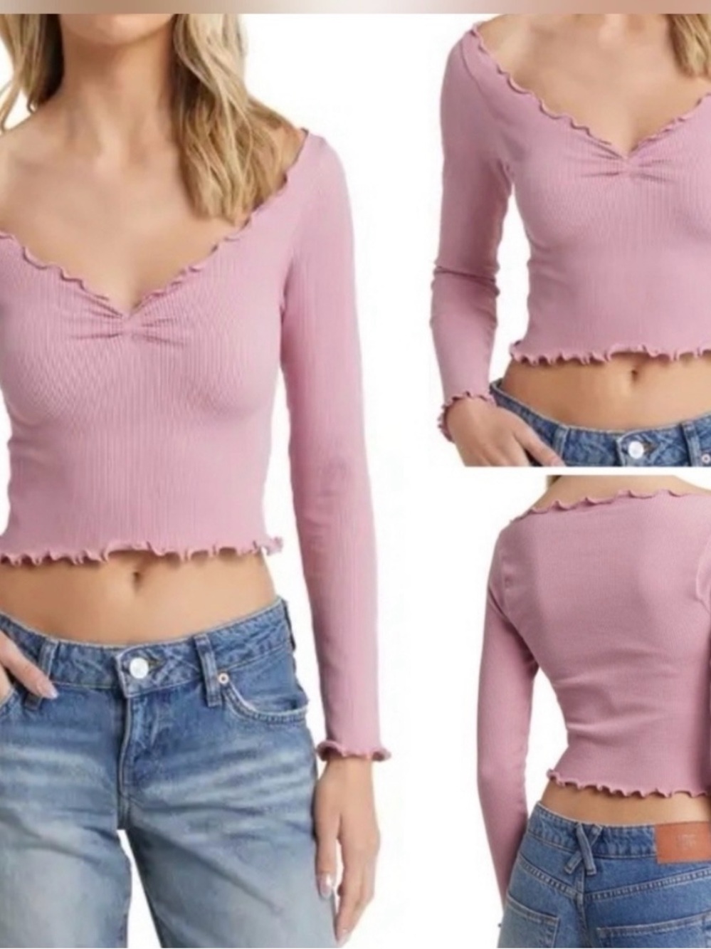 BDG Urban Outfitters Elsie Ribbed Scallop-Edge Long Sleeve Crop Top
